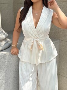 GlowEve CURVE Plus Size Women's Casual Striped V-Neck Sleeveless Shirt And Pants Set - Multicolor - View 5