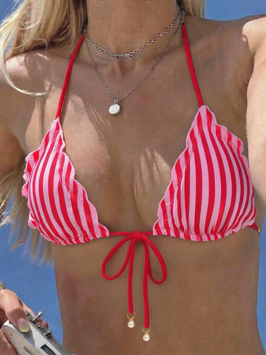 SHEIN Swim 女款夏季新款海灘泳裝度假風甜美可愛荷葉邊綁帶三角網紗花卉布料性感露背泳衣上衣 - 彩色 - 查看 1