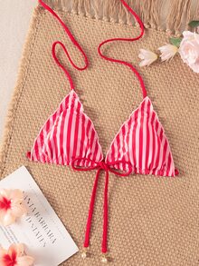 SHEIN Swim 女款夏季新款海灘泳裝度假風甜美可愛荷葉邊綁帶三角網紗花卉布料性感露背泳衣上衣 - 彩色 - 查看 3