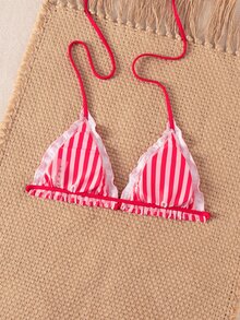 SHEIN Swim 女款夏季新款海灘泳裝度假風甜美可愛荷葉邊綁帶三角網紗花卉布料性感露背泳衣上衣 - 彩色 - 查看 2