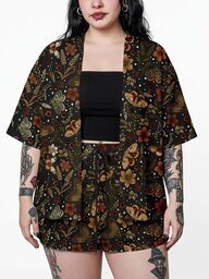 ROMWE Grunge Punk Floral Plant Butterfly Moon Sun Star Vacation Gothic Dark Open Front Plus Size Cardigan Plus Size Shorts 2 Pieces Set