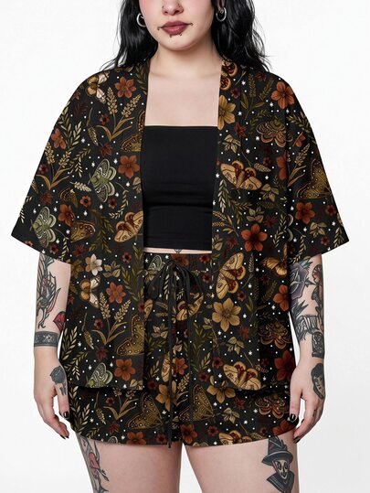 Grunge Punk Conjunto de 2 piezas de talla grande con cárdigan de frente abierto y shorts, diseño gótico oscuro con flores, plantas, mariposas, luna, sol y estrellas para vacaciones