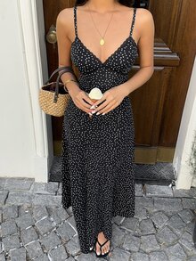 Sunnyshic 女士复古优雅波点撞色蕾丝腰带系带夏季度假连衣裙 - 黑與白 - 查看 4