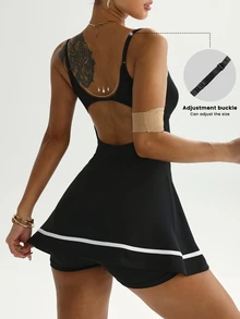 Dewbera Dewbera Adjustable Strap Color Block Short Jumpsuit Dress, Sports Outfit, Spring/Summer Athletic Casual Active Dress Gym Women Outfit Golf Tennis White Black - Black - View 2