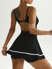 Dewbera Dewbera Adjustable Strap Color Block Short Jumpsuit Dress, Sports Outfit, Spring/Summer Athletic Casual Active Dress Gym Women Outfit Golf Tennis White Black - Black - View 7