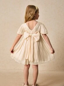 Maija Kids Maija Kids Young Girls' Elegant Pink Bow Decor Party Dress, Spring/Summer - Apricot - View 3