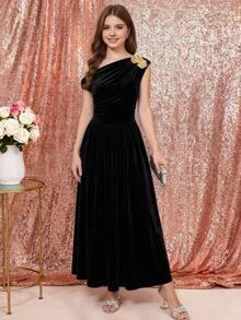 SHEIN Pitira 青少年女孩優雅不對稱領口收腰玫瑰金屬扣飾長洋裝，秋季/冬季百搭，適合派對與宴會 - 黑色 - 查看 1
