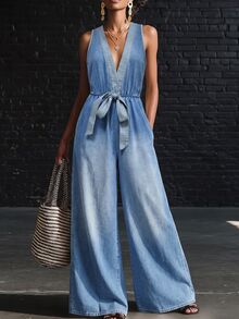 Balvessa Women's Denim Lace-Up Loose Wide Leg Jumpsuit - Blue - View 3