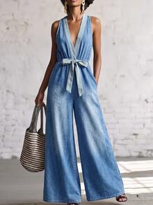 Balvessa Women's Denim Lace-Up Loose Wide Leg Jumpsuit - Blue - View 1