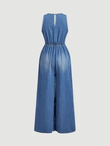 Balvessa Women's Denim Lace-Up Loose Wide Leg Jumpsuit - Blue - View 5