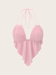 Sweetina Women Solid Light Pink Asymmetrical Hem Halter Neck Backless Camisole Top Night Out Vacation Summer Y2k Sexy - Pink - View 3
