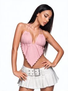 Sweetina Women Solid Light Pink Asymmetrical Hem Halter Neck Backless Camisole Top Night Out Vacation Summer Y2k Sexy - Pink - View 1