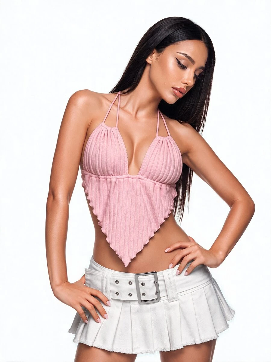 Sweetina Women Solid Light Pink Asymmetrical Hem Halter Neck Backless Camisole Top Night Out Vacation Summer Y2k Sexy - Pink - View 1