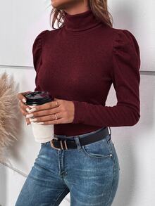 SHEIN Clasi 女款秋季簡約鈕扣裝飾泡泡袖高領長袖T恤 - 紅色 - 查看 4