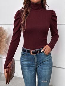 SHEIN Clasi 女款秋季簡約鈕扣裝飾泡泡袖高領長袖T恤 - 紅色 - 查看 3
