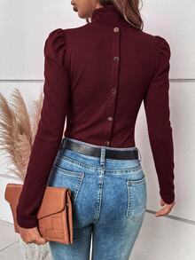 SHEIN Clasi 女款秋季簡約鈕扣裝飾泡泡袖高領長袖T恤 - 紅色 - 查看 1
