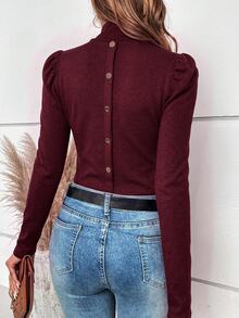SHEIN Clasi 女款秋季簡約鈕扣裝飾泡泡袖高領長袖T恤 - 紅色 - 查看 6