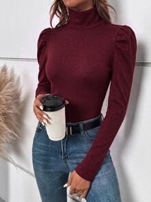 SHEIN Clasi 女款秋季簡約鈕扣裝飾泡泡袖高領長袖T恤 - 紅色 - 查看 2