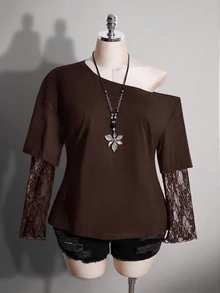 SHEIN ICON 女款大尺碼蕾絲拼接 2 合 1 黑色不對稱肩 T-shirt 秋季 - 咖啡棕 - 查看 3
