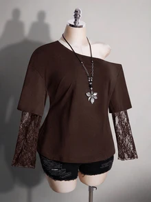 SHEIN ICON 女款大尺碼蕾絲拼接 2 合 1 黑色不對稱肩 T-shirt 秋季 - 咖啡棕 - 查看 4