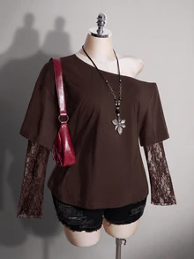 SHEIN ICON 女款大尺碼蕾絲拼接 2 合 1 黑色不對稱肩 T-shirt 秋季 - 咖啡棕 - 查看 1