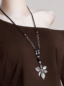 SHEIN ICON 女款大尺碼蕾絲拼接 2 合 1 黑色不對稱肩 T-shirt 秋季 - 咖啡棕 - 查看 6