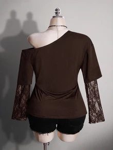 SHEIN ICON 女款大尺碼蕾絲拼接 2 合 1 黑色不對稱肩 T-shirt 秋季 - 咖啡棕 - 查看 2