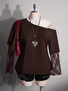 SHEIN ICON 女款大尺碼蕾絲拼接 2 合 1 黑色不對稱肩 T-shirt 秋季 - 咖啡棕 - 查看 8