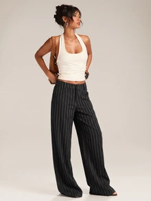 SHEIN Tall CURVE Plus Size Women's Striped Pocket Casual Everyday Long Pants Fall - Black - View 6