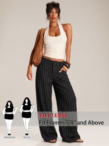 SHEIN Tall CURVE Plus Size Women's Striped Pocket Casual Everyday Long Pants Fall - Black - View 1