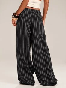 SHEIN Tall CURVE Plus Size Women's Striped Pocket Casual Everyday Long Pants Fall - Black - View 2
