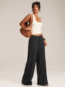 SHEIN Tall CURVE Plus Size Women's Striped Pocket Casual Everyday Long Pants Fall - Black - View 7