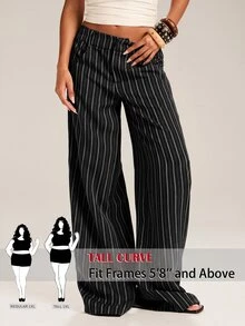 SHEIN Tall CURVE Plus Size Women's Striped Pocket Casual Everyday Long Pants Fall - Black - View 3