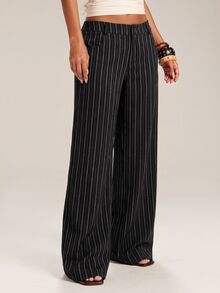 SHEIN Tall CURVE Plus Size Women's Striped Pocket Casual Everyday Long Pants Fall - Black - View 4