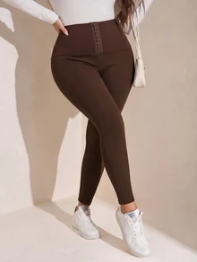 Comfylo 大尺碼女款純色腰部鈕扣設計休閒基礎款內搭褲居家服晚間穿著棕色秋季 - 棕色 - 查看 10