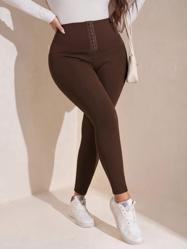 Comfylo Plus Size Women's Solid Color Waist Button Design Casual Básica Leggings Home Wear Evening Brown Fall - Brown - View 10