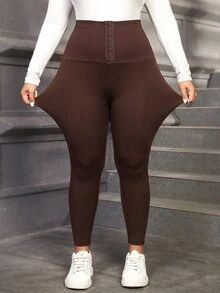 Comfylo 大尺碼女款純色腰部鈕扣設計休閒基礎款內搭褲居家服晚間穿著棕色秋季 - 棕色 - 查看 7