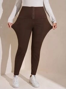 Comfylo 大尺碼女款純色腰部鈕扣設計休閒基礎款內搭褲居家服晚間穿著棕色秋季 - 棕色 - 查看 12