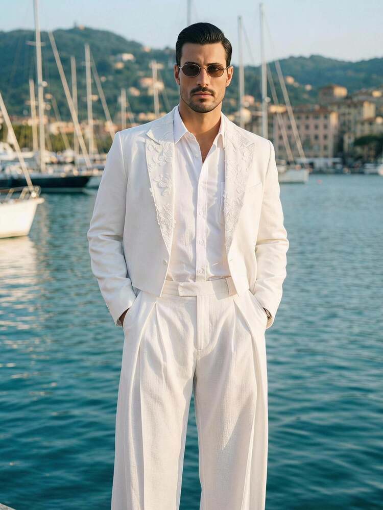 HIMLAND Men's Woven Fashion Daily Youth Casual Loose Long Sleeve Blazer And Elastic Straight Leg Pants 2 Pieces Set Halloween Winter Party Autumn  - White - View 2