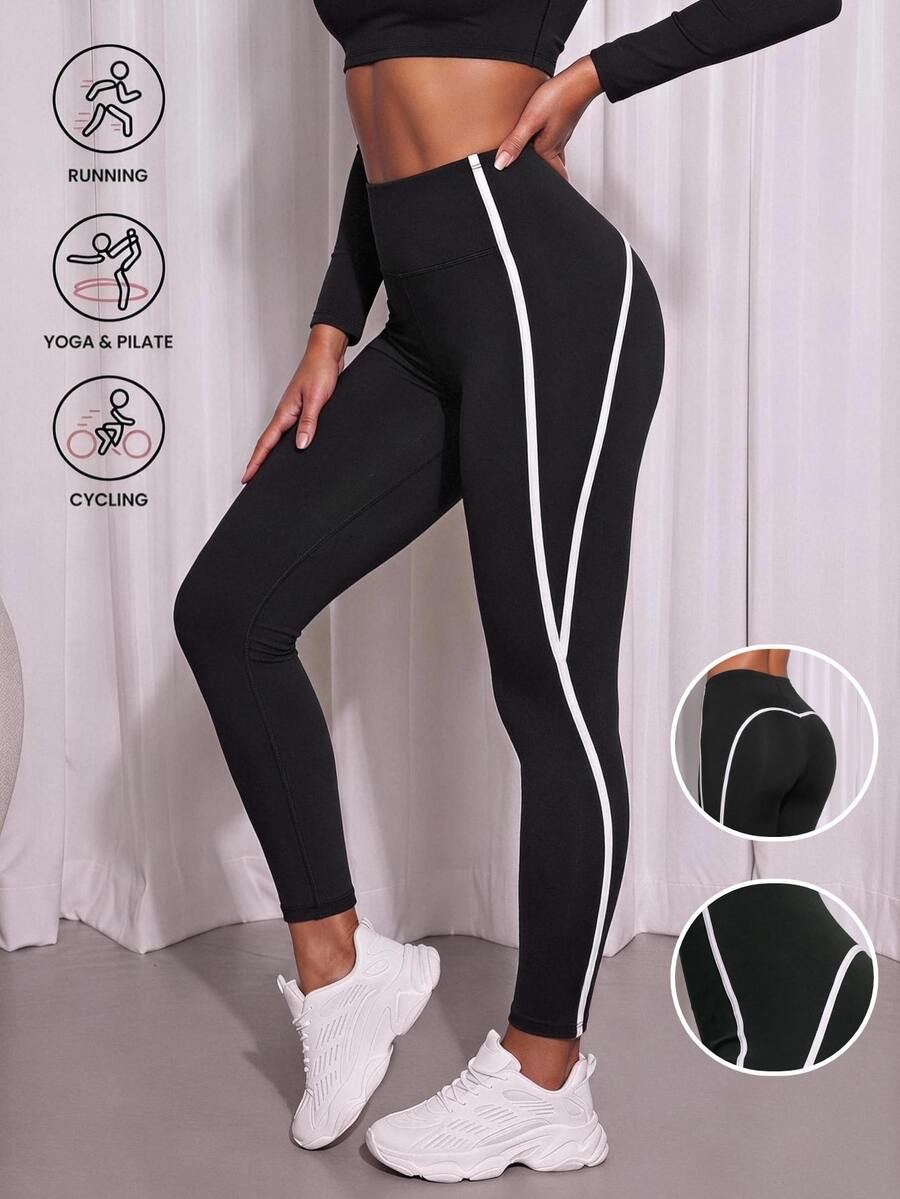 Core Rhythm Core Rhythm Women's Contrast Trim Tight High Elasticity Sports Leggings For Workout Running Fitness - Black and White - View 1