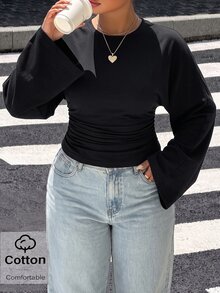 Muchica 大尺碼女款純色休閒寬鬆街頭風長袖T恤，適合日常、正式、度假、外出、居家與派對穿著，黑色，秋季 - 黑色 - 查看 1