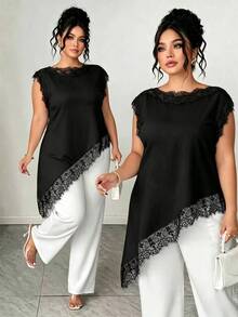 Elenzga Damen Bluse in Großen Größen mit gerafftem Ausschnitt, ärmellos, Schwarz-Weiß Farbblock-Saum, Spitzen-Patchwork, lang, elegant, Old Money Stil, Pendler-Bluse, elegantes weißes Damen Tank Top, für Abschlussfeier, Urlaub, Valentinstag, Musikfestival, Muttertag, Halloween, Thanksgiving, Ostern, Nationalfeiertag, Ball, Date-Party, Hochzeitssaison, Ausflug, usw. - Schwarz - Übersicht 3