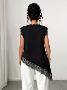 Elenzga Damen Bluse in Großen Größen mit gerafftem Ausschnitt, ärmellos, Schwarz-Weiß Farbblock-Saum, Spitzen-Patchwork, lang, elegant, Old Money Stil, Pendler-Bluse, elegantes weißes Damen Tank Top, für Abschlussfeier, Urlaub, Valentinstag, Musikfestival, Muttertag, Halloween, Thanksgiving, Ostern, Nationalfeiertag, Ball, Date-Party, Hochzeitssaison, Ausflug, usw. - Schwarz - Übersicht 2