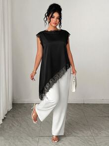 Elenzga Damen Bluse in Großen Größen mit gerafftem Ausschnitt, ärmellos, Schwarz-Weiß Farbblock-Saum, Spitzen-Patchwork, lang, elegant, Old Money Stil, Pendler-Bluse, elegantes weißes Damen Tank Top, für Abschlussfeier, Urlaub, Valentinstag, Musikfestival, Muttertag, Halloween, Thanksgiving, Ostern, Nationalfeiertag, Ball, Date-Party, Hochzeitssaison, Ausflug, usw. - Schwarz - Übersicht 4