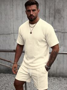 Manfinity Homme Men's Crew Neck Short Sleeve T-Shirt And Drawstring Waist Shorts Casual Set - Apricot - View 1