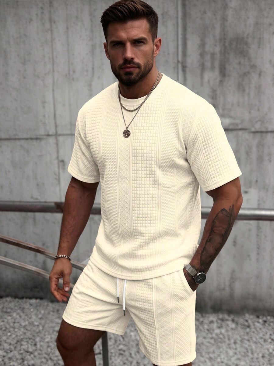 Manfinity Homme Men's Crew Neck Short Sleeve T-Shirt And Drawstring Waist Shorts Casual Set - Apricot - View 1