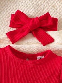 SHEIN 2件組新生兒春秋款酒紅色甜美公主風蝴蝶結蕾絲網紗拼接長袖洋裝附髮帶套裝，寬鬆舒適版型，適合日常外出、滿月宴、周歲生日派對、節日聚會、拍照攝影 - 紅色 - 查看 6