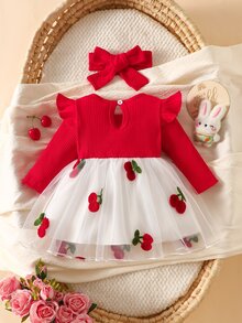 SHEIN 2件組新生兒春秋款酒紅色甜美公主風蝴蝶結蕾絲網紗拼接長袖洋裝附髮帶套裝，寬鬆舒適版型，適合日常外出、滿月宴、周歲生日派對、節日聚會、拍照攝影 - 紅色 - 查看 3