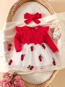 SHEIN 2件組新生兒春秋款酒紅色甜美公主風蝴蝶結蕾絲網紗拼接長袖洋裝附髮帶套裝，寬鬆舒適版型，適合日常外出、滿月宴、周歲生日派對、節日聚會、拍照攝影 - 紅色 - 查看 4
