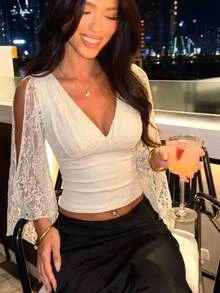 Aloruh 秋季女款深V領百褶休閒日常穿著荷葉邊下擺上衣 西式復古優雅休閒正式外出婚禮派對萬聖節 - 杏色 - 查看 3